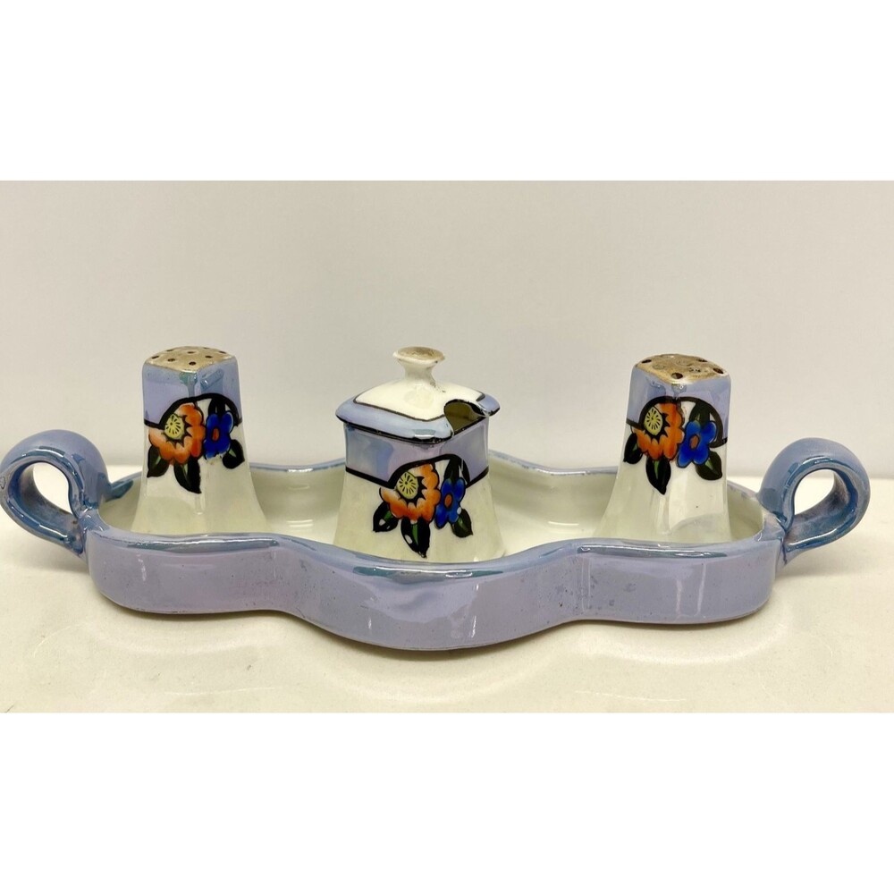 Mini Vintage Noritake Japan Luster Condiment Set Salt Pepper Mustard on Tray